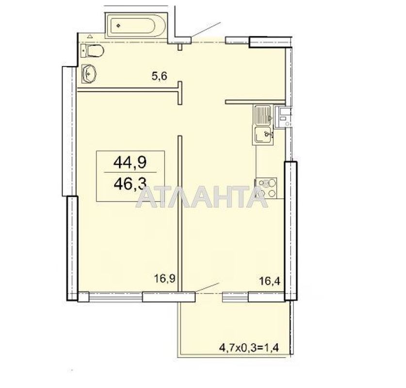 1-комнатная квартира по адресу Тополинный пер. (площадь 46,2 м²) - Atlanta.ua - фото 3