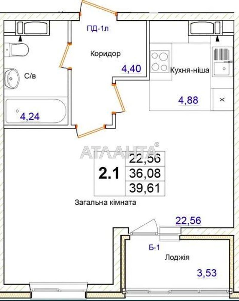 1-комнатная квартира по адресу ул. Пригородная (площадь 39,6 м²) - Atlanta.ua - фото 12